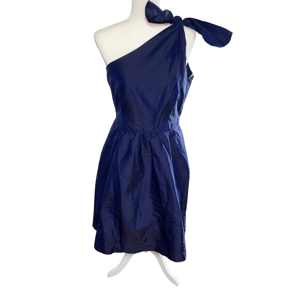 Lula Kate Navy Blue 100% Silk One Shoulder Bow Cocktail Dress Sz 8 party wedding